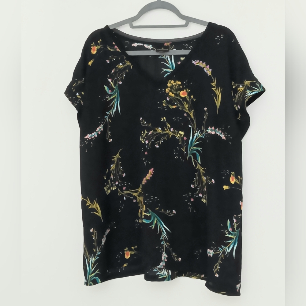 Worthington‎ Blouse Women's Size XXL Floral Black Sheer Pullover Short Sleeve